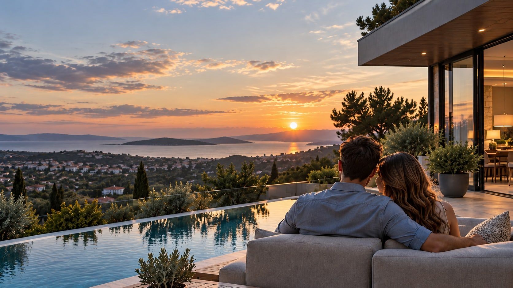 Un couple sur la terrasse de sa maison au coucher du soleil